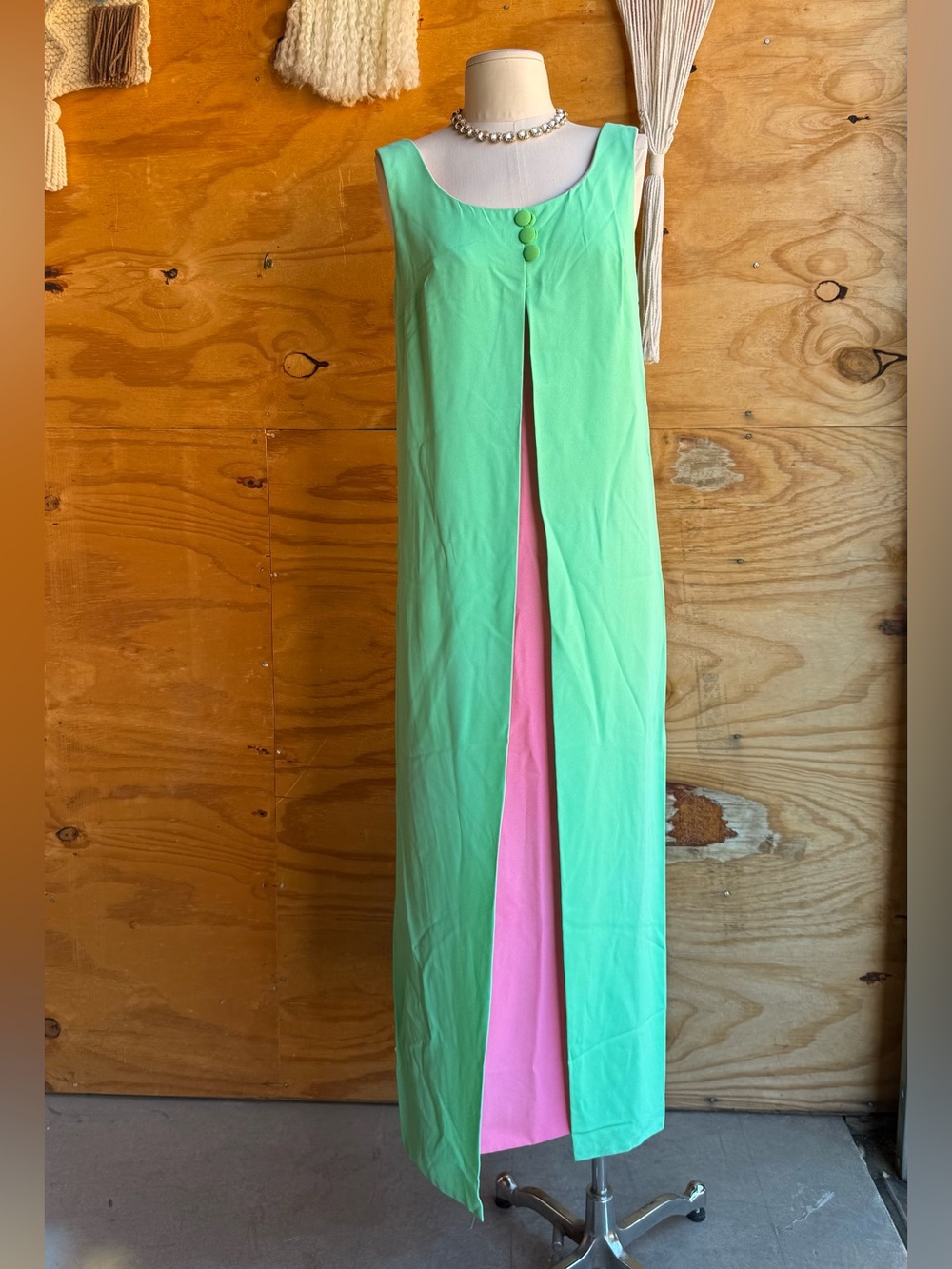 1960s Green & Pink Maxi Gown Metal Zipper Vintage